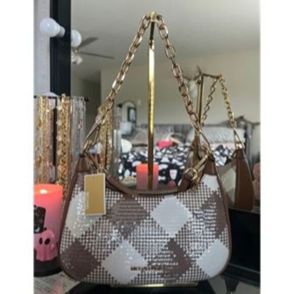 Michael Kors shoulder bag cora sequence plaid medium purse crossbody Luggage - Picture 2 of 3